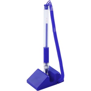 A blue pen with a spiral coil attached, positioned in a triangular base on a white background.