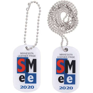 Two white dog tags with a design featuring blue, red, and black text, attached to metal ball chains.