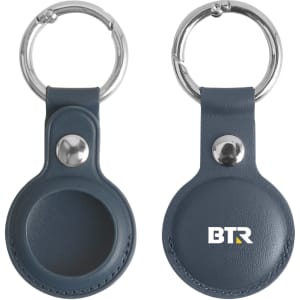 A PU leather AirTag holder in navy blue with a keyring attachment, featuring a logo.