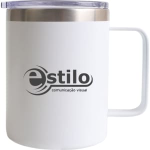 A coloured stainless steel mug in white with a silver rim and a clear lid. It features a logo.