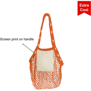 An orange mesh foldaway cotton tote bag with a cream pocket and screen print on the handle.