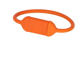 An orange round cord silicone flash drive with a flexible loop design and a branded logo.