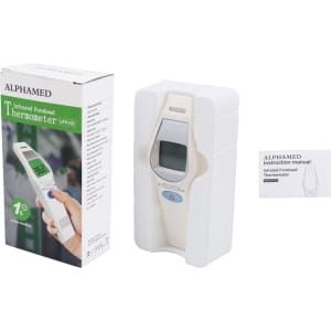 A white touchless digital infrared forehead thermometer with a packaging box and instructional manual.