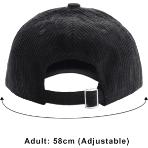 A corduroy baseball cap in black with an adjustable strap at the back and a logo.