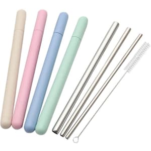 A set of eco-friendly drinking straws in pastel pink, blue, and green cases, with metallic straws and a cleaning brush.