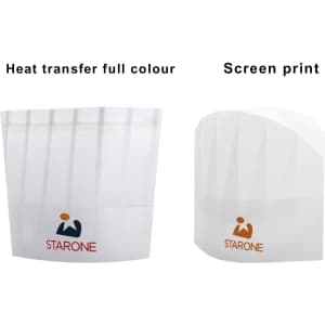 A white disposable non-woven kids chef hat featuring an orange and blue logo, shown from two angles.