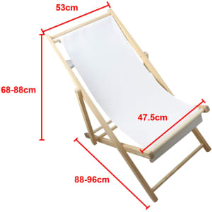 A wooden beach chair with a white canvas seat, adjustable height and sleek design. Features dimensions displayed.
