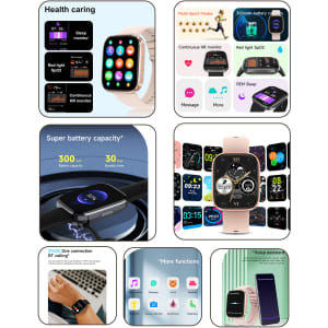 A square smart watch with a black strap, displaying various features and watch faces in a colourful layout.