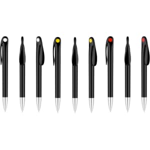 A lineup of black plastic pens with various coloured tips—yellow, red, and black—featuring a sleek barrel design.