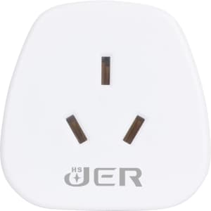 A white universal travel adapter with three prongs and a logo at the bottom.
