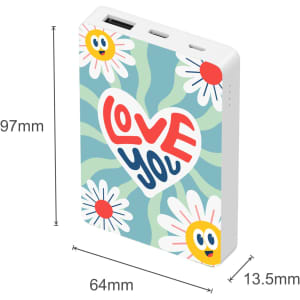 A square power bank in white featuring a colourful design with flowers and the phrase "Love You". Dimensions are 97mm x 64mm x 13.5mm.