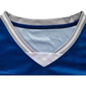 A blue and grey unisex jersey featuring a V-neck and splicing design, with a logo present.