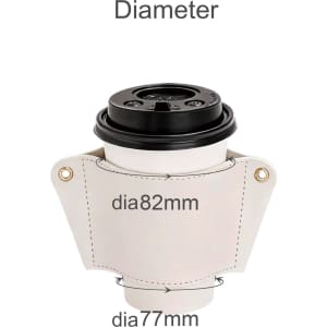 A drink bottle holder in light cream leather, featuring an acrylic strap and a logo, designed for various bottle diameters.