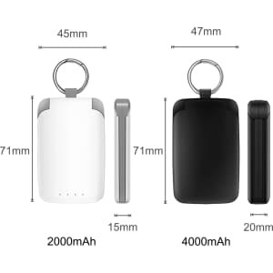 A mini power bank with flashlight in black and white, featuring keyring attachments and specifications displayed.