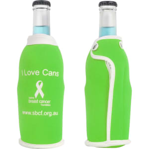 A drink bottle cooler in bright green, featuring a rounded design with a logo and white trim.