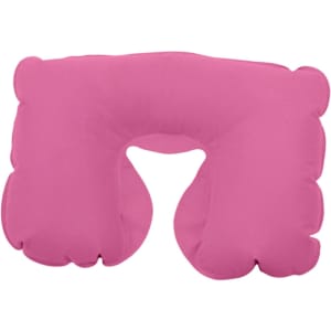 A pink inflatable travel pillow with a contoured shape for neck support, featuring a logo.