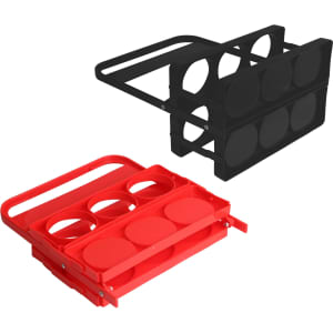A foldable beer basket in red and black, designed to hold multiple drink bottles securely.