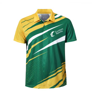 A green and gold polo shirt featuring a dynamic design and a logo. Made from 100% polyester.