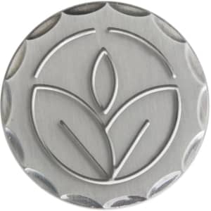 A metallic 40mm custom antique golf ball marker featuring a leaf design with a polished finish and a scalloped edge.