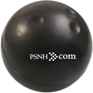 A black bowling ball shape stress reliever featuring a logo. Ideal for fun and stress relief.