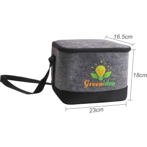 A grey felt cooler bag with a black base, featuring a logo and a detachable strap. Dimensions noted.