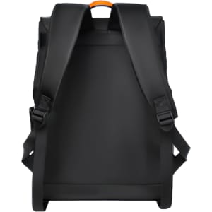 A black Flap Laptop Backpack with adjustable straps and a contrasting orange handle on top.