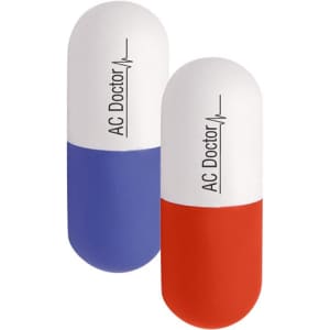 Capsule-shaped stress relievers in red and blue, featuring a logo on the surface.