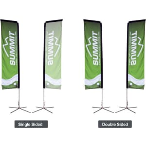 Large green rectangular banners, available in single and double-sided options, with associated support stands.
