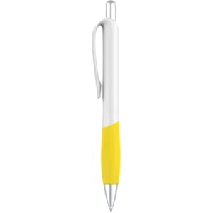 A plastic pen with a creamy white barrel and a bright yellow grip, featuring a clip and a logo.