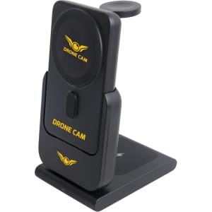 A black charging station with a vertical stand and a logo, designed for a drone camera.