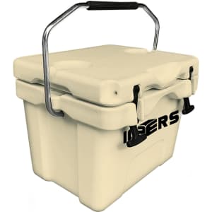 A 15L cooler box in cream colour with a sturdy handle and a logo on the side.
