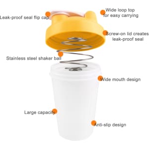 A drink bottle featuring a white body and yellow screw-on lid, with a stainless steel shaker ball inside and a wide mouth design.