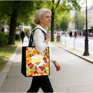 A woman holds a vibrant, multi-coloured tote bag featuring a fruit pattern while walking on a city street.