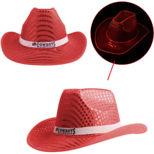 A red sequin cowboy hat with a white band and built-in lights, featuring a logo.