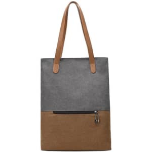A grey and brown convertible canvas backpack that can be transformed into a tote bag. It features long straps and a zip pocket.