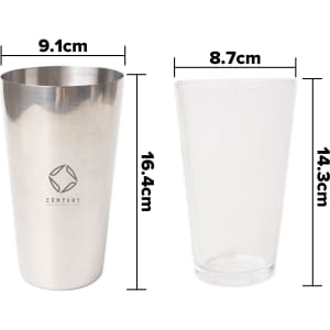A stainless steel cocktail shaker and a clear glass, both with measurement markings. Features a logo on the shaker.