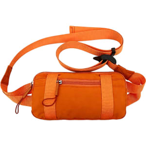 An orange travel fanny pack with an adjustable strap and a zippered pocket, featuring a logo.