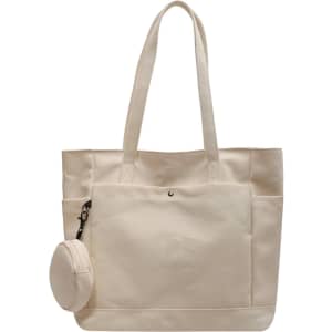 A casual beige canvas bag featuring two handles and a small round accessory pouch attached.