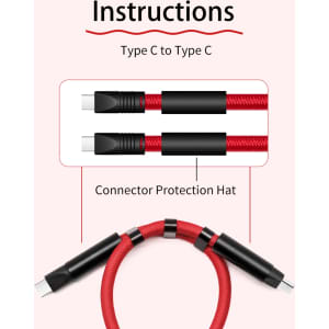 A red Type C to Type C charging cable with connector protection hats on both ends, displayed on a light background.