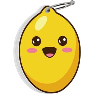 A yellow lemon-shaped index card with a smiling face, attached to a silver ring.