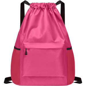 A pink Multi-Pocket Drawstring Backpack featuring a front zip pocket and black straps. It includes a logo.
