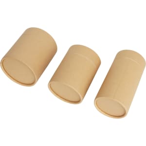 Three medium-sized brown paper cylinder boxes in varying heights, featuring a plain design and circular bases.