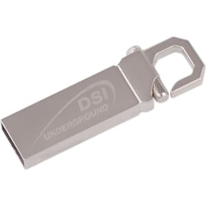 A silver flash drive with a loop attachment and branding on the side.