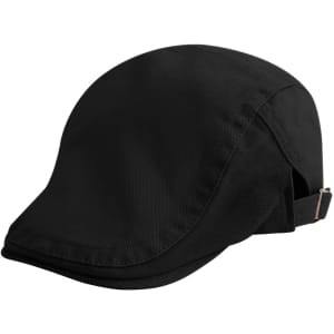 A black beret hat with a sleek design and an adjustable strap at the back.