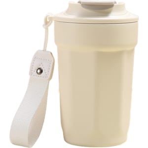 A drink bottle in cream colour with a double wall design, stainless steel, and a strap for easy carrying.