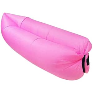 A pink inflatable lazy bed with a sleek design, featuring a black closure mechanism.