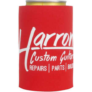 A red stubby holder featuring a logo, designed to fit drink cans.