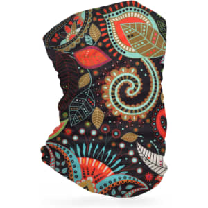A colourful neck gaiter featuring intricate patterns of leaves and swirls in red, green, and gold on a black background.