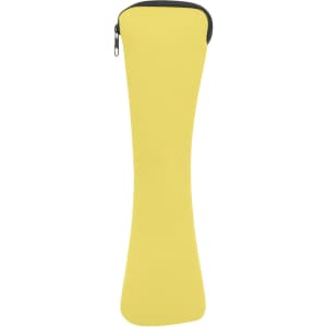 A yellow zippered pouch for storing utensils, featuring a sleek, curved design. It includes a logo.