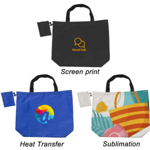 A foldaway shopping bag in black, blue, and white with vibrant patterns, each featuring a clip for easy storage.